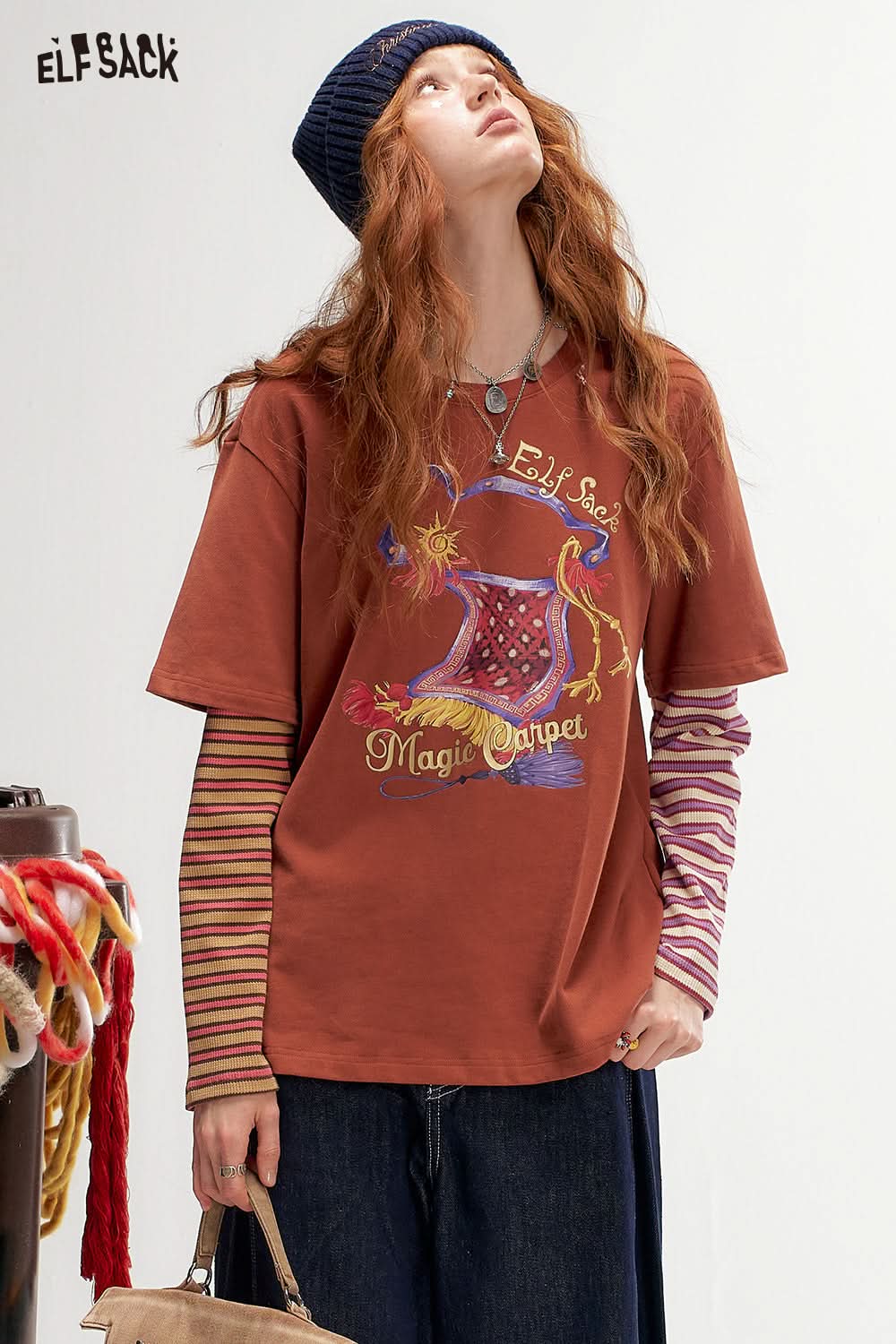 ELFSACK Color Block Striped Layered Long Sleeve T-Shirt College Style