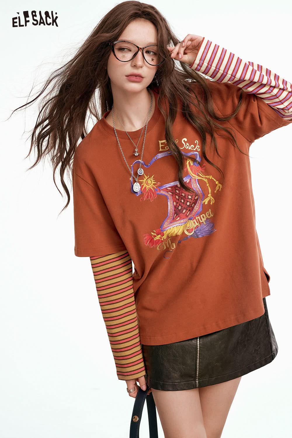 ELFSACK Color Block Striped Layered Long Sleeve T-Shirt College Style