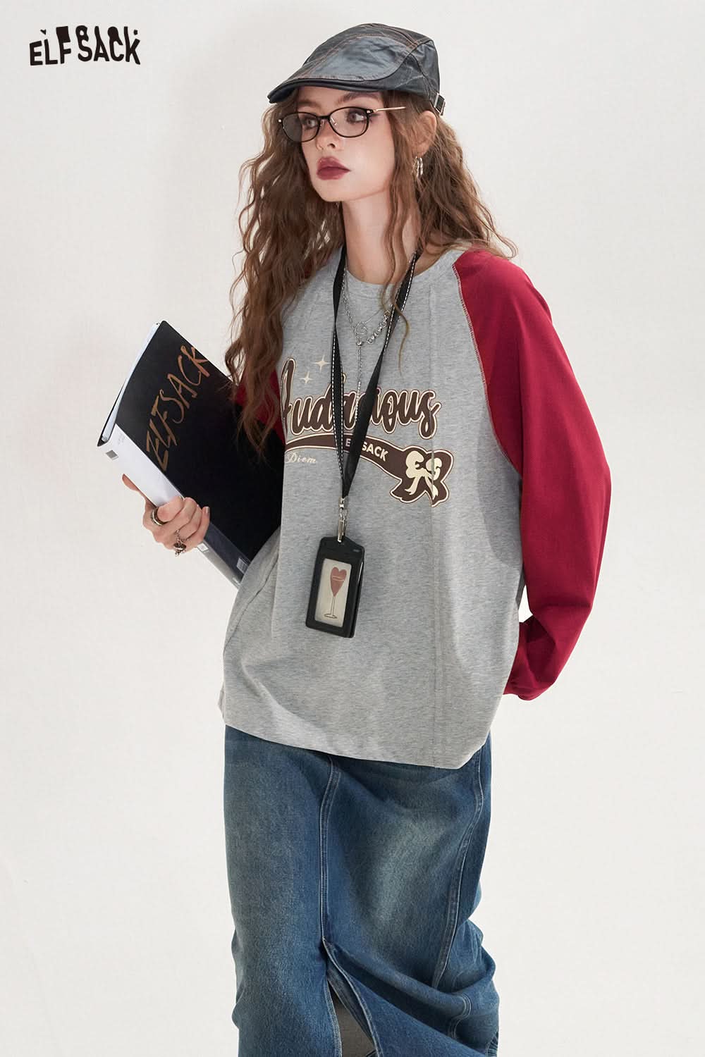 ELFSACK Pink round neck retro American contrast color design loose cotton T-shirt