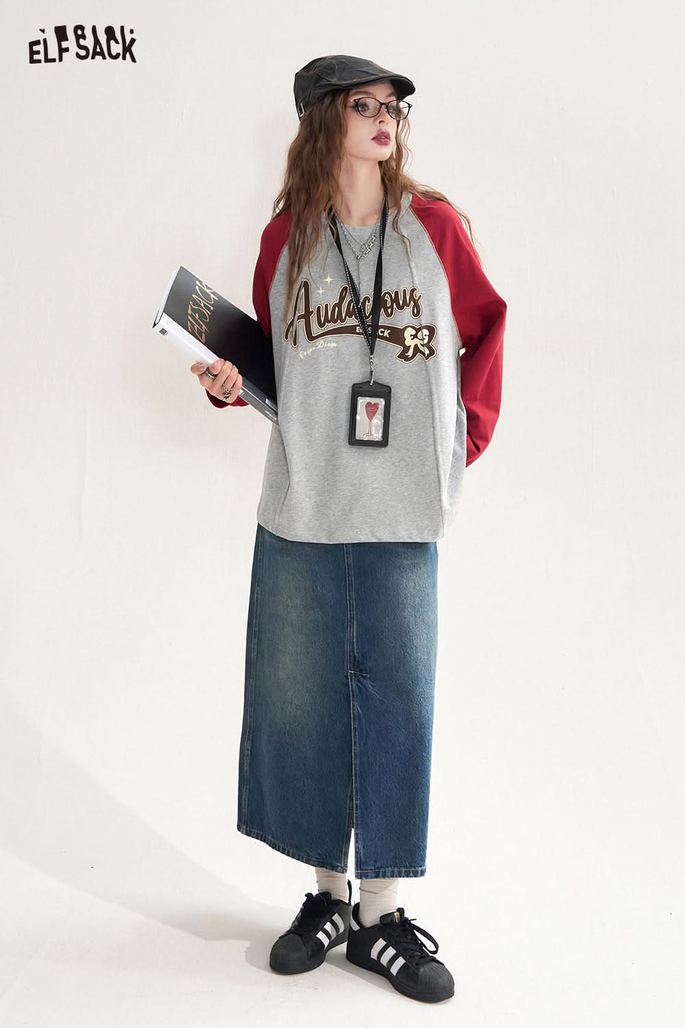 ELFSACK Pink round neck retro American contrast color design loose cotton T-shirt