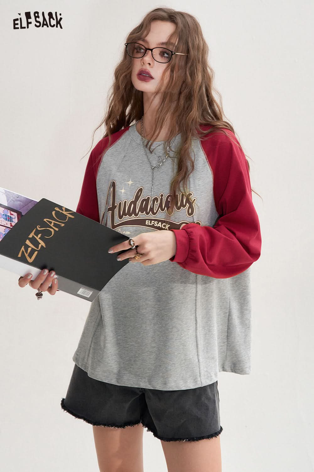 ELFSACK Pink round neck retro American contrast color design loose cotton T-shirt