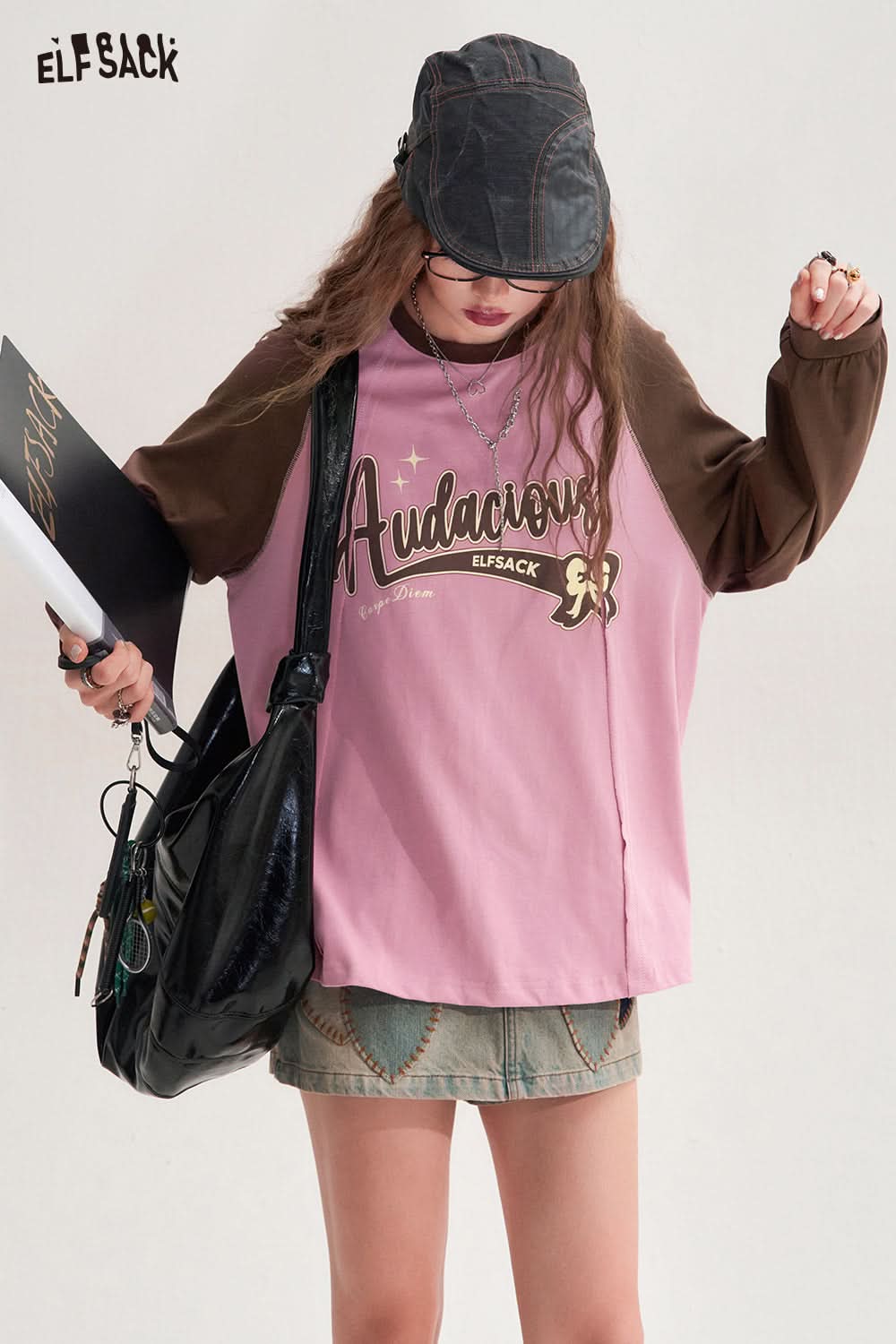 ELFSACK Pink round neck retro American contrast color design loose cotton T-shirt