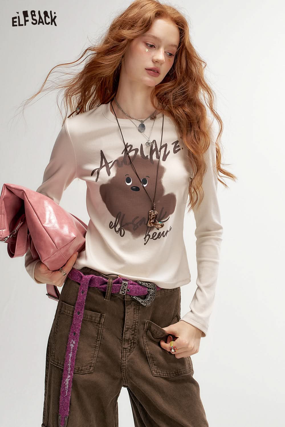 ELFSACK Retro Print Fitted Long Sleeve T-Shirt Casual Sweet Layering Top