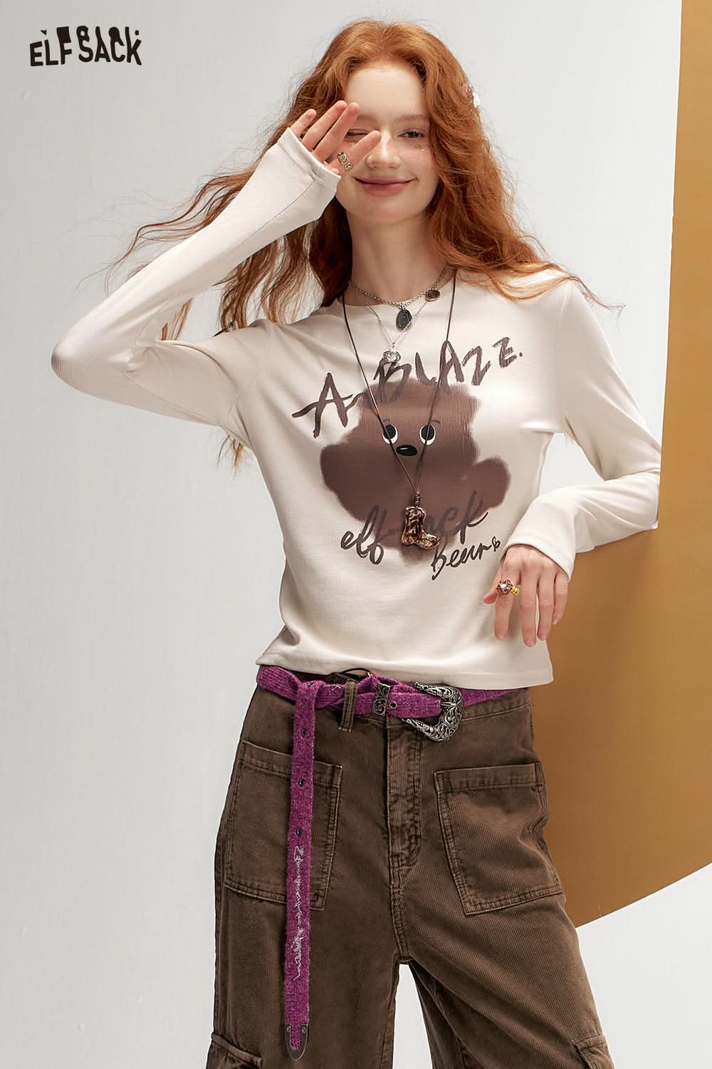 ELFSACK Retro Print Fitted Long Sleeve T-Shirt Casual Sweet Layering Top
