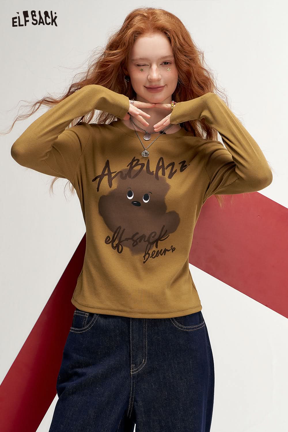 ELFSACK Retro Print Fitted Long Sleeve T-Shirt Casual Sweet Layering Top