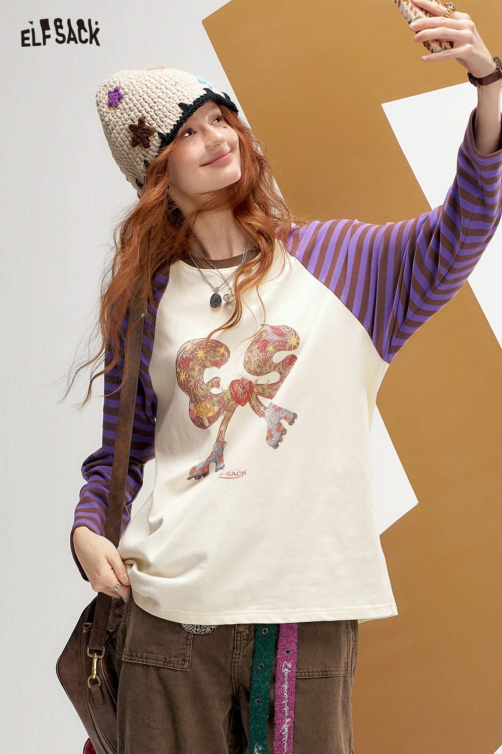ELFSACK Color Block Striped Raglan Long Sleeve T-Shirt Retro American Casual Top