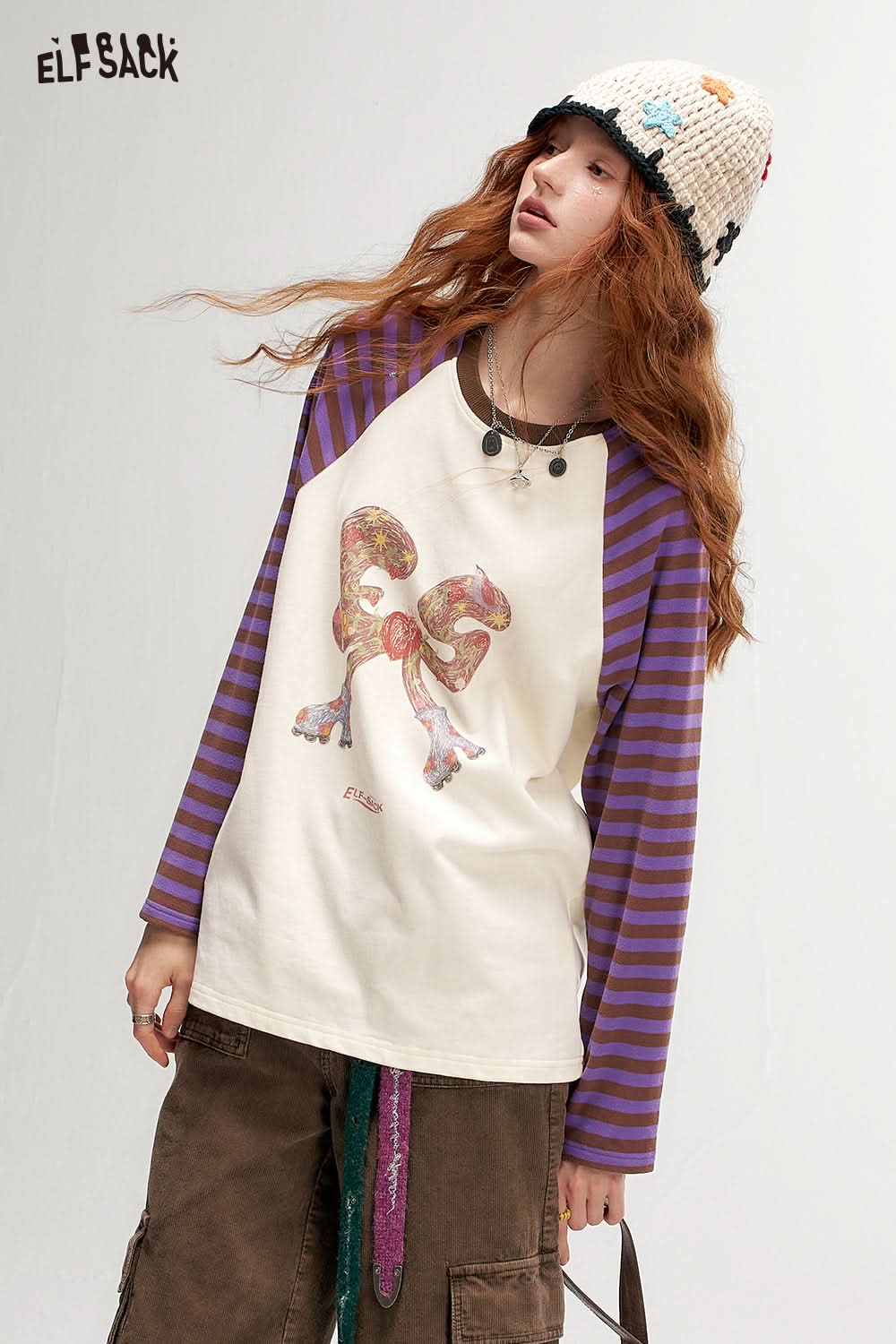 ELFSACK Color Block Striped Raglan Long Sleeve T-Shirt Retro American Casual Top