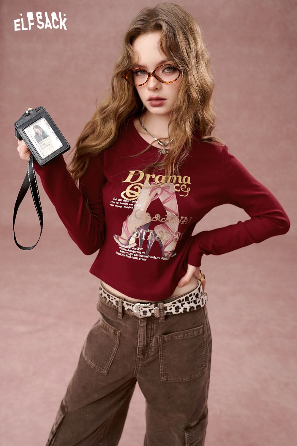 ELFSACK Retro Print Slim Fit Long Sleeve Cropped T-Shirt Women