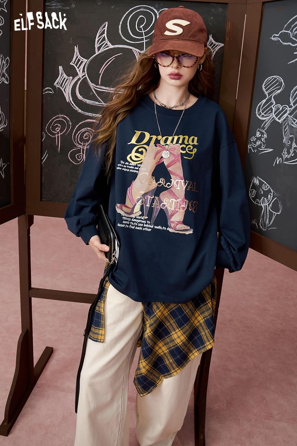 ELFSACK Round neck printed loose long sleeved T-shirt, casual top