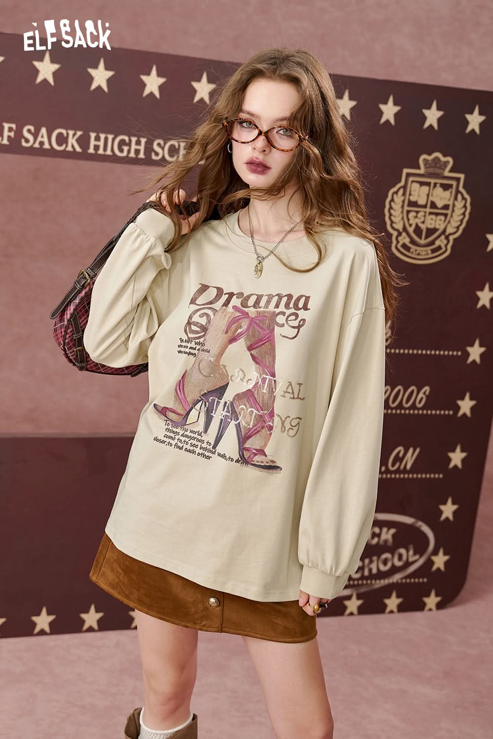ELFSACK Round neck printed loose long sleeved T-shirt, casual top