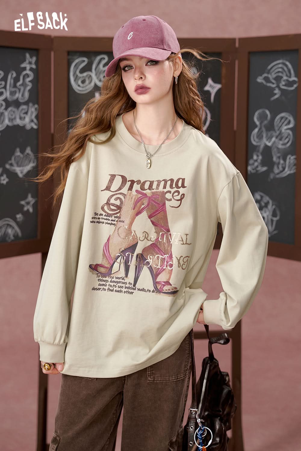 ELFSACK Round neck printed loose long sleeved T-shirt, casual top