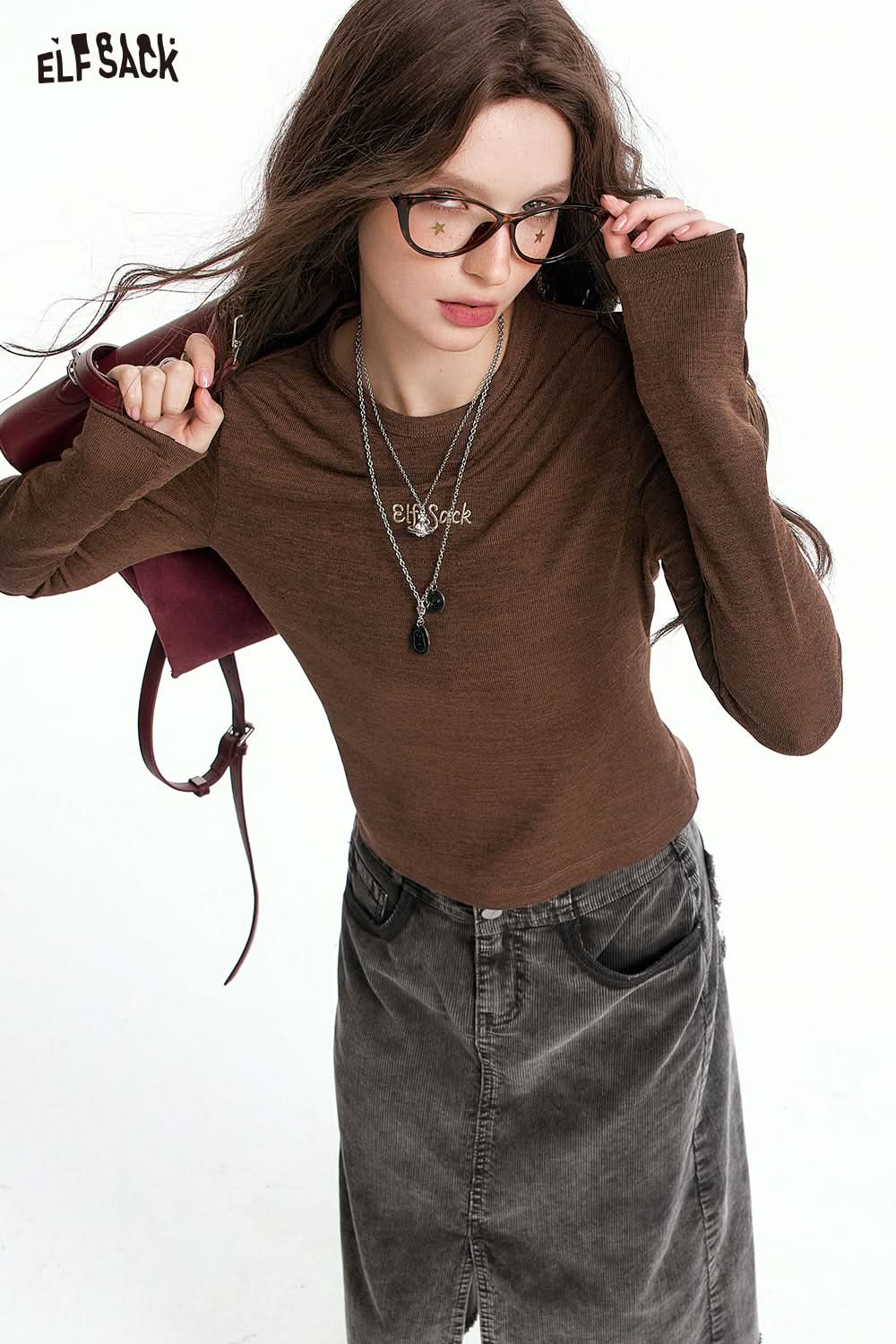 ELFSACK Retro American Fitted Long Sleeve T-Shirt Embroidered Design Layering Top