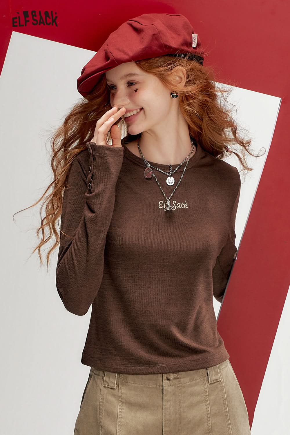 ELFSACK Retro American Fitted Long Sleeve T-Shirt Embroidered Design Layering Top