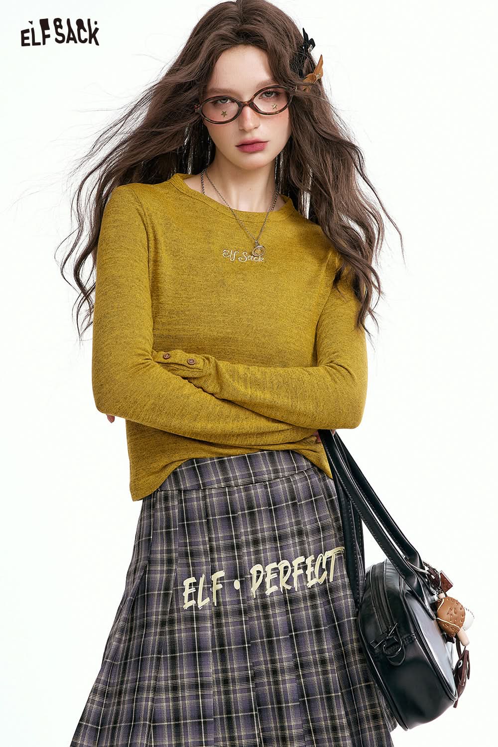 ELFSACK Retro American Fitted Long Sleeve T-Shirt Embroidered Design Layering Top