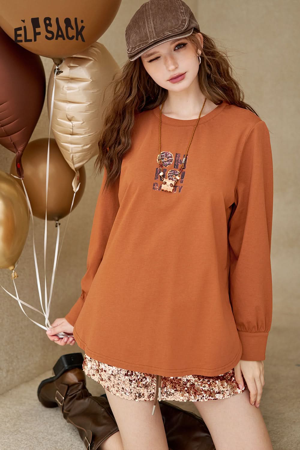 ELFSACK Versatile Printed Loose White Long Sleeve T-shirt Women's Casual Bottoming Shirt