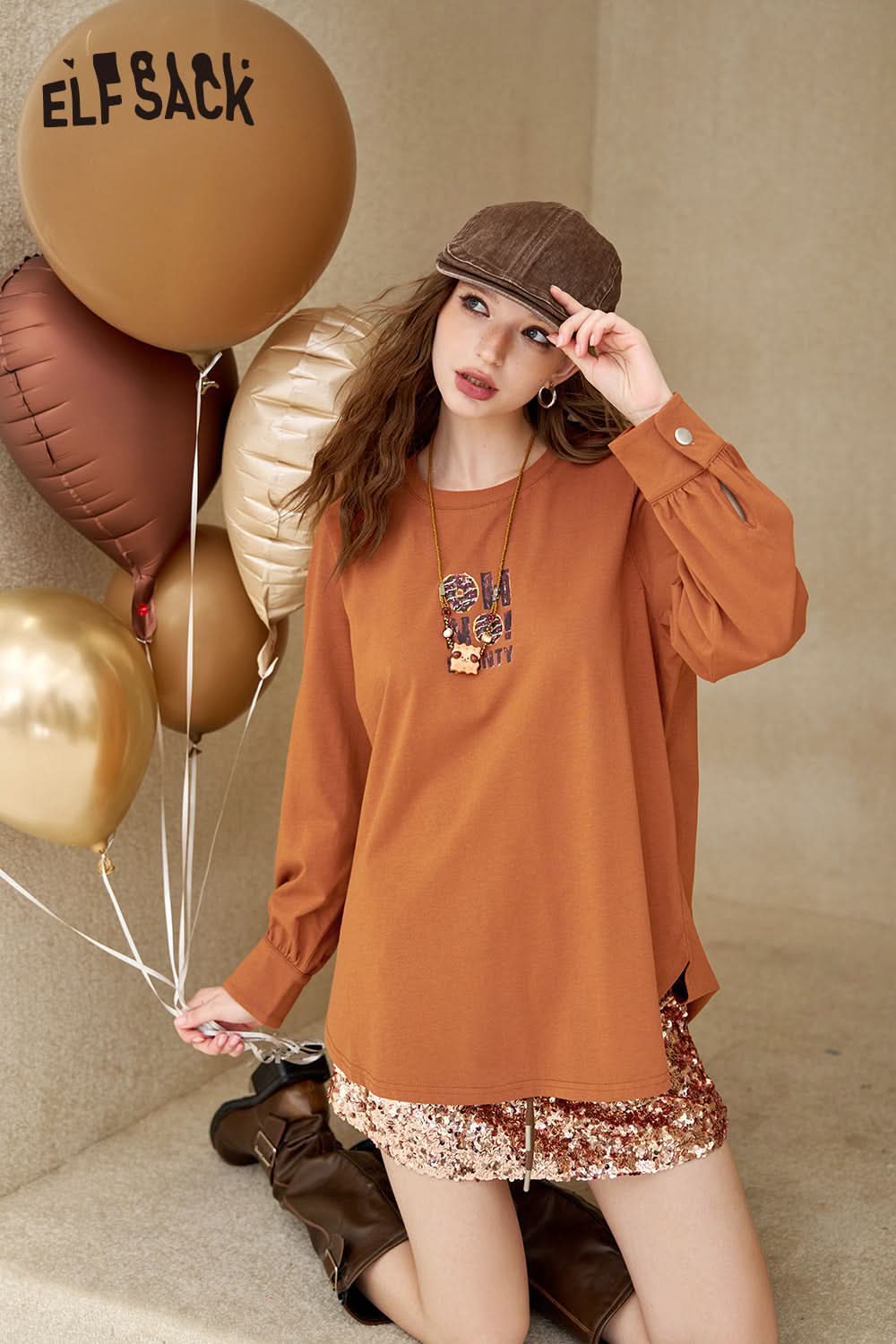 ELFSACK Versatile Printed Loose White Long Sleeve T-shirt Women's Casual Bottoming Shirt