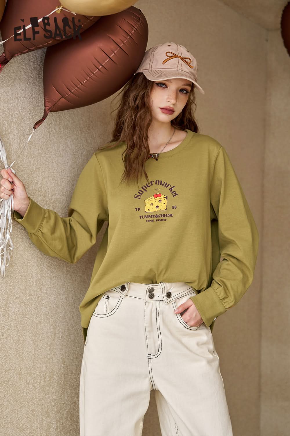 ELFSACK Versatile Printed Loose White Long Sleeve T-shirt Women's Casual Bottoming Shirt