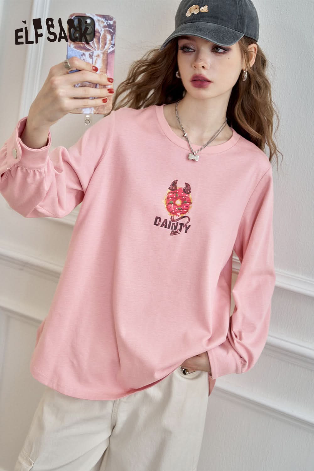 ELFSACK Versatile Printed Loose White Long Sleeve T-shirt Women's Casual Bottoming Shirt