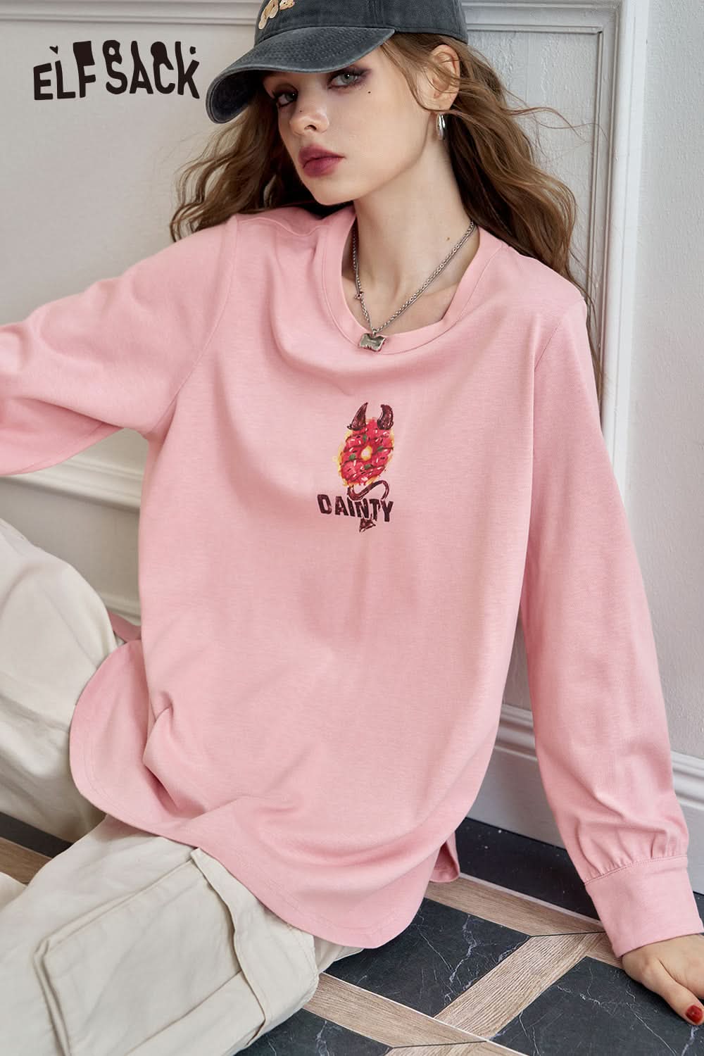 ELFSACK Versatile Printed Loose White Long Sleeve T-shirt Women's Casual Bottoming Shirt