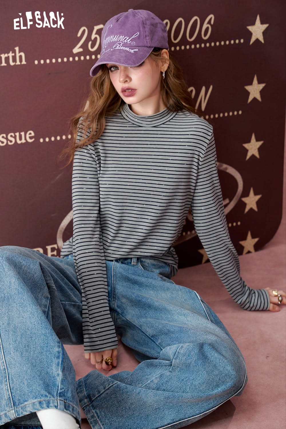 ELFSACK Bowknot silver hot half-high collar striped long-sleeved T-shirt, slim bottoming shirt