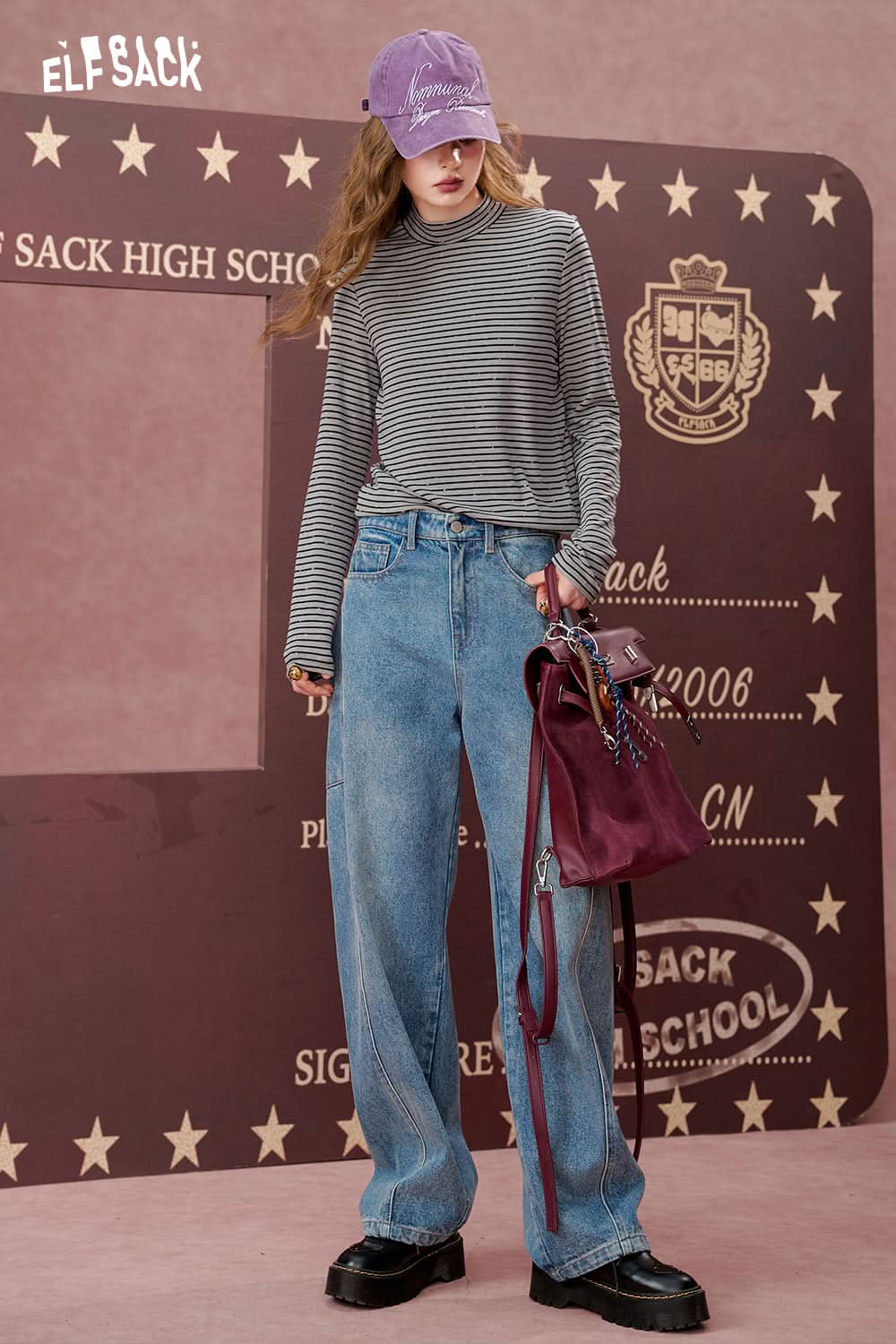 ELFSACK Bowknot silver hot half-high collar striped long-sleeved T-shirt, slim bottoming shirt