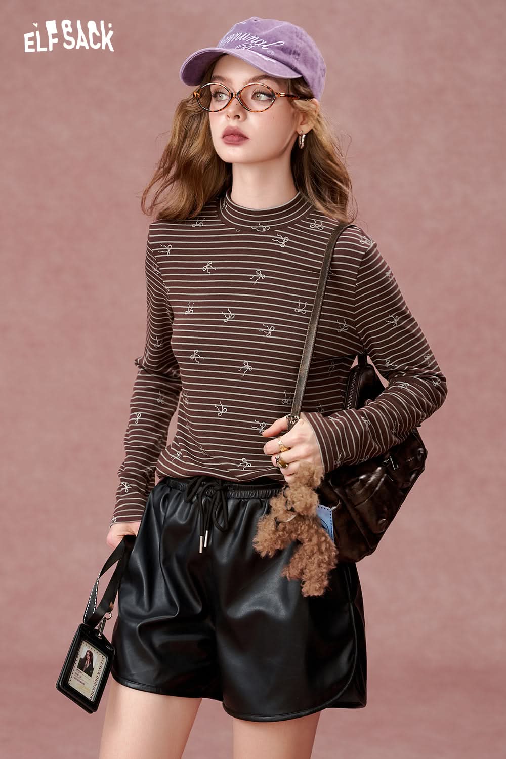 ELFSACK Bowknot silver hot half-high collar striped long-sleeved T-shirt, slim bottoming shirt