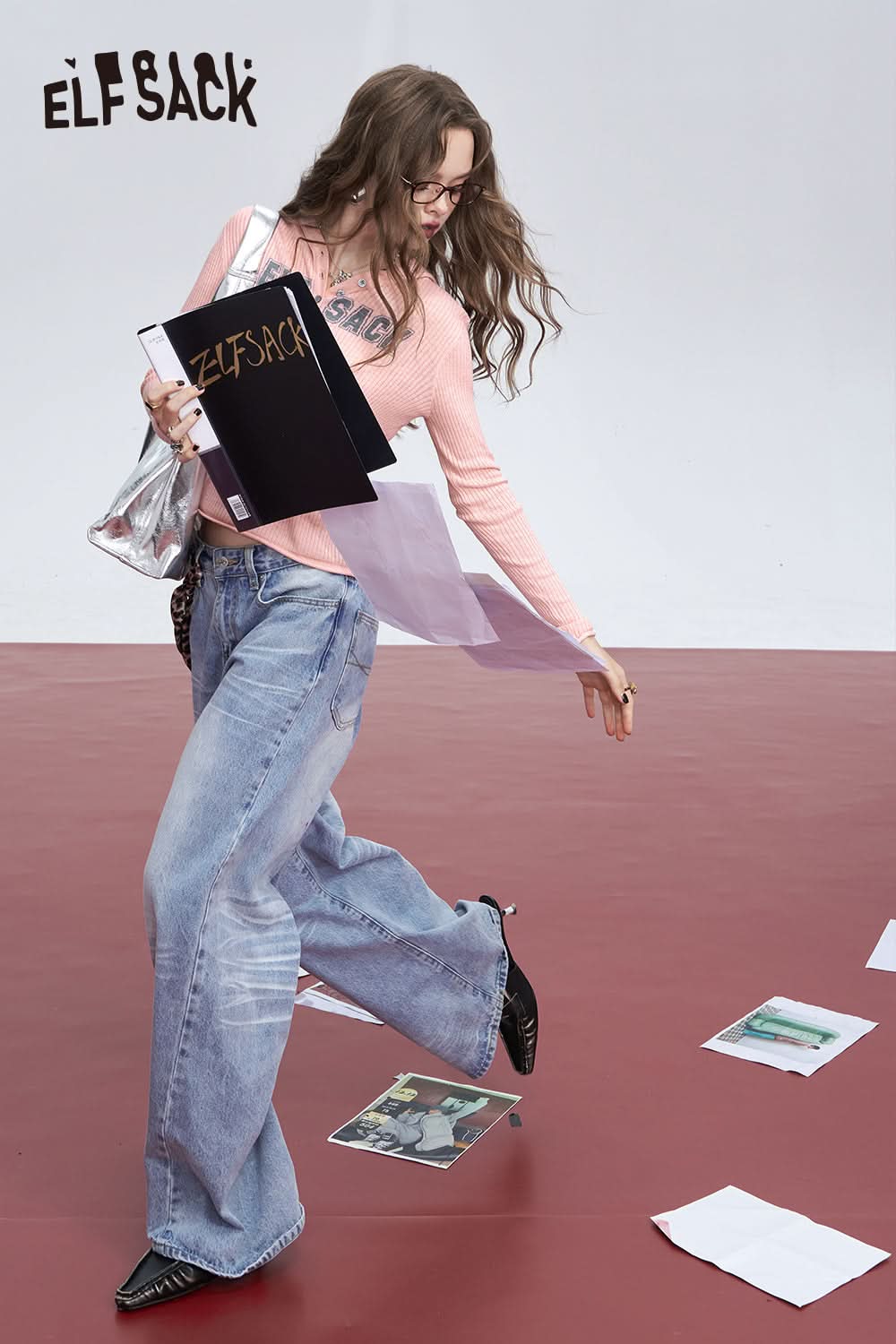 ELFSACK Pink and orange American style letter slim fit sweet and thin casual hooded sweater