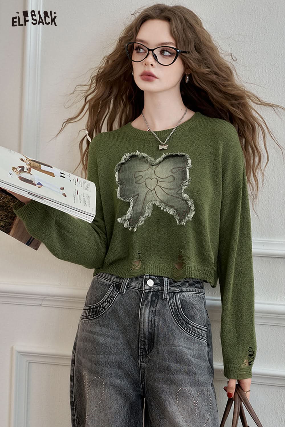 ELFSACK Pink bow knit sweater, lazy style thin and slimming top