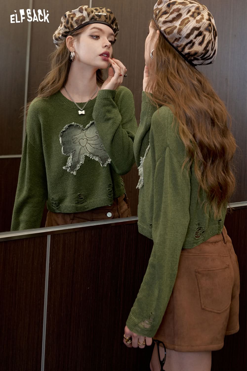 ELFSACK Pink bow knit sweater, lazy style thin and slimming top