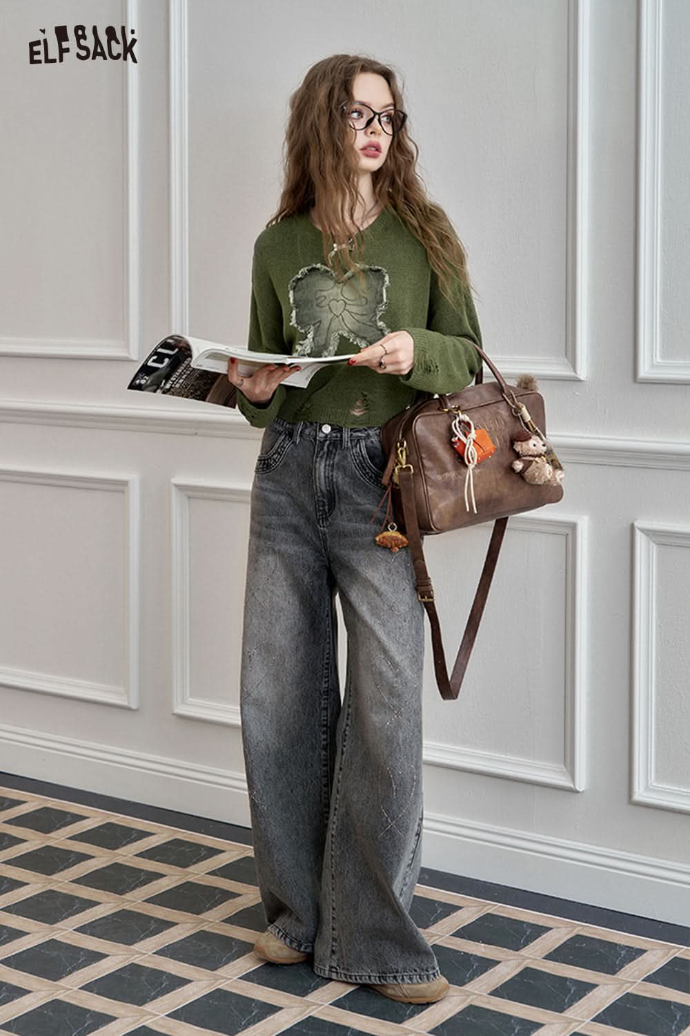 ELFSACK Pink bow knit sweater, lazy style thin and slimming top