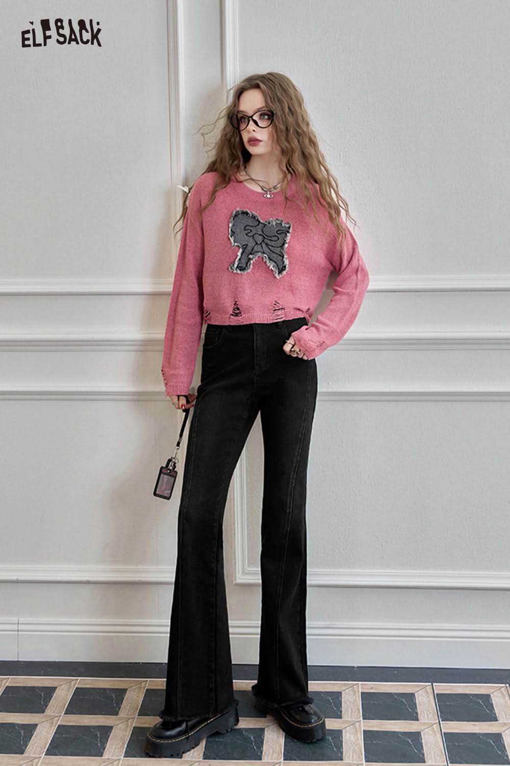 ELFSACK Pink bow knit sweater, lazy style thin and slimming top
