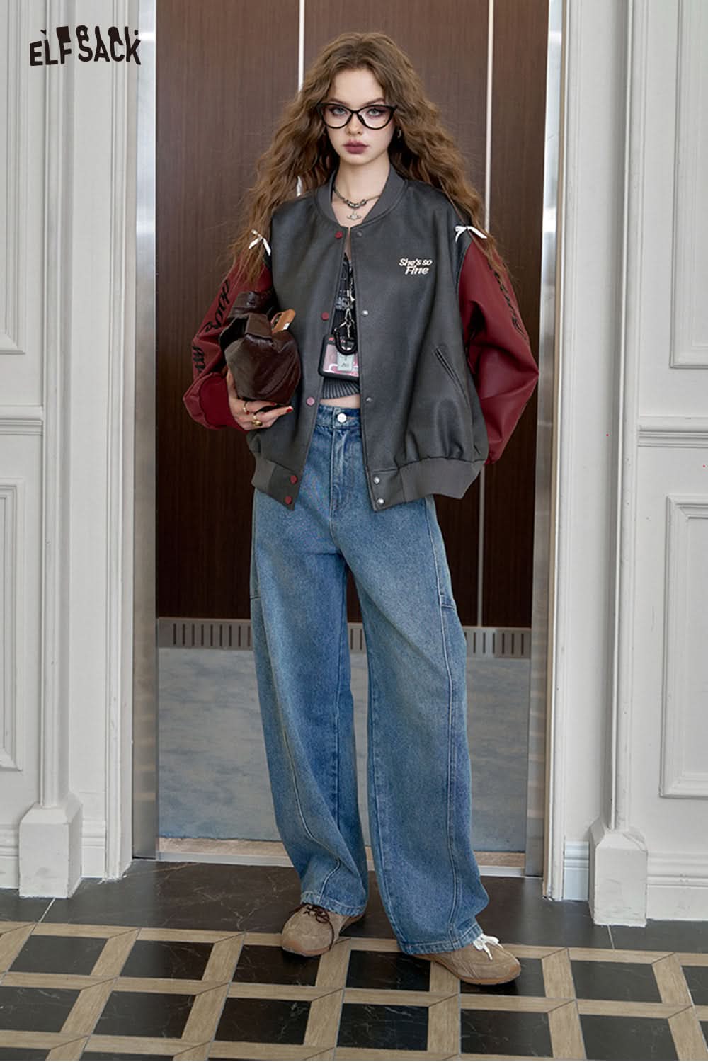 ELFSACK Grey retro letter V-neck knitted sweater, slim fit and slimming top