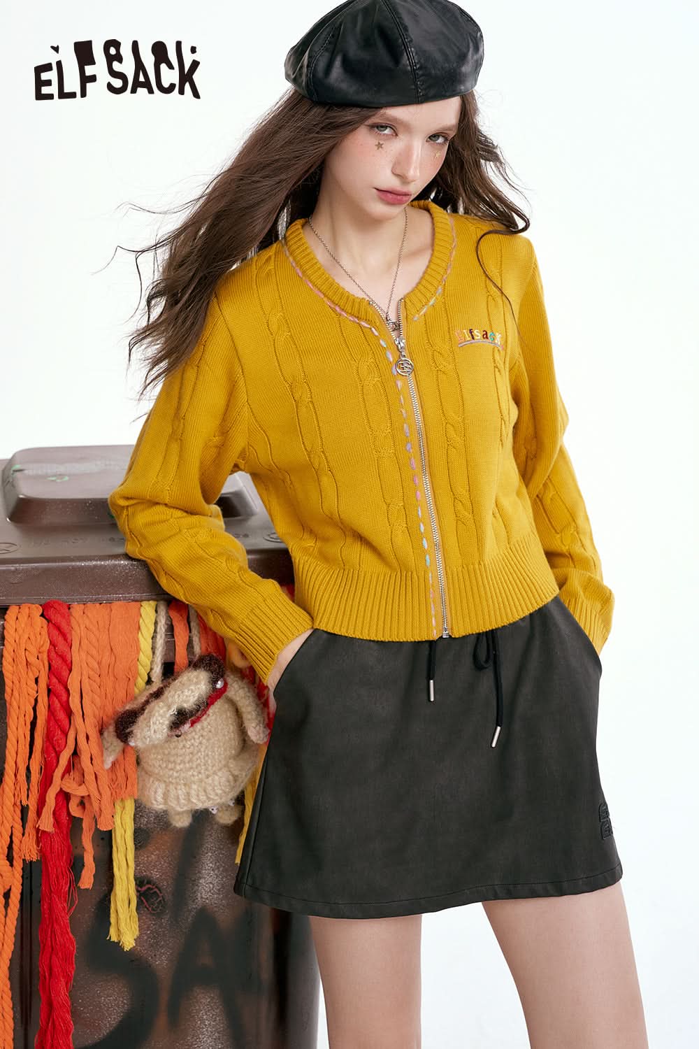 ELFSACK Retro Mustard Twisted Knit Cardigan Fitted Versatile Zip-Up