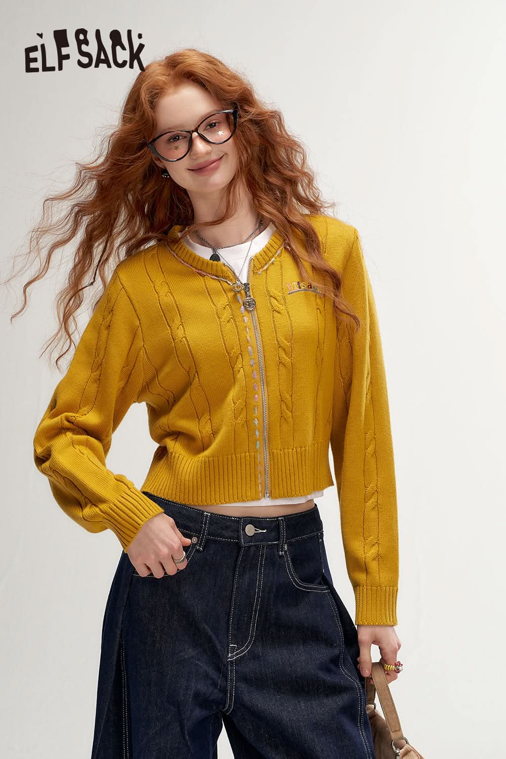 ELFSACK Retro Mustard Twisted Knit Cardigan Fitted Versatile Zip-Up