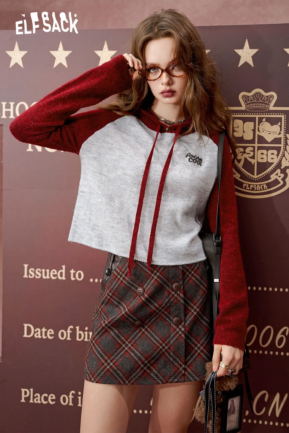 ELFSACK Raglan sleeves, contrast color, patchwork, hooded sweater, loose casual short top
