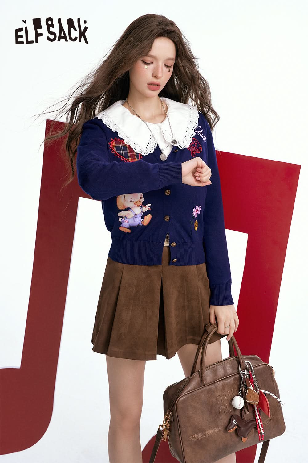 ELFSACK Retro Navy Embroidered Knit Cardigan Cute Style