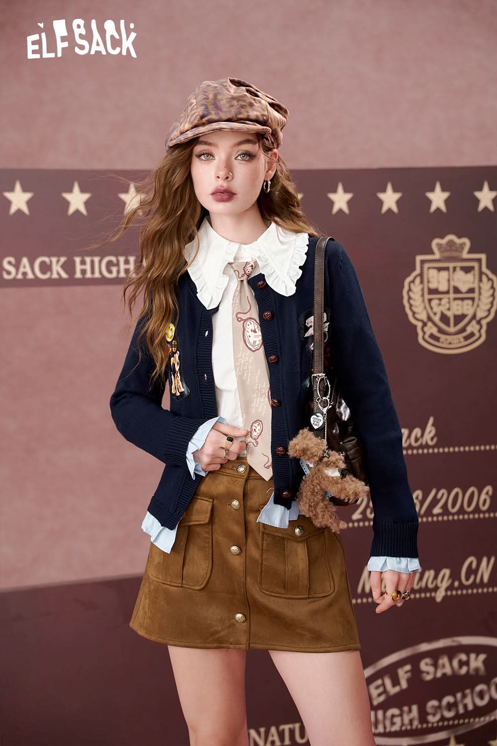 ELFSACK Splicing ruffle edge knitted cardigan, sweet short top