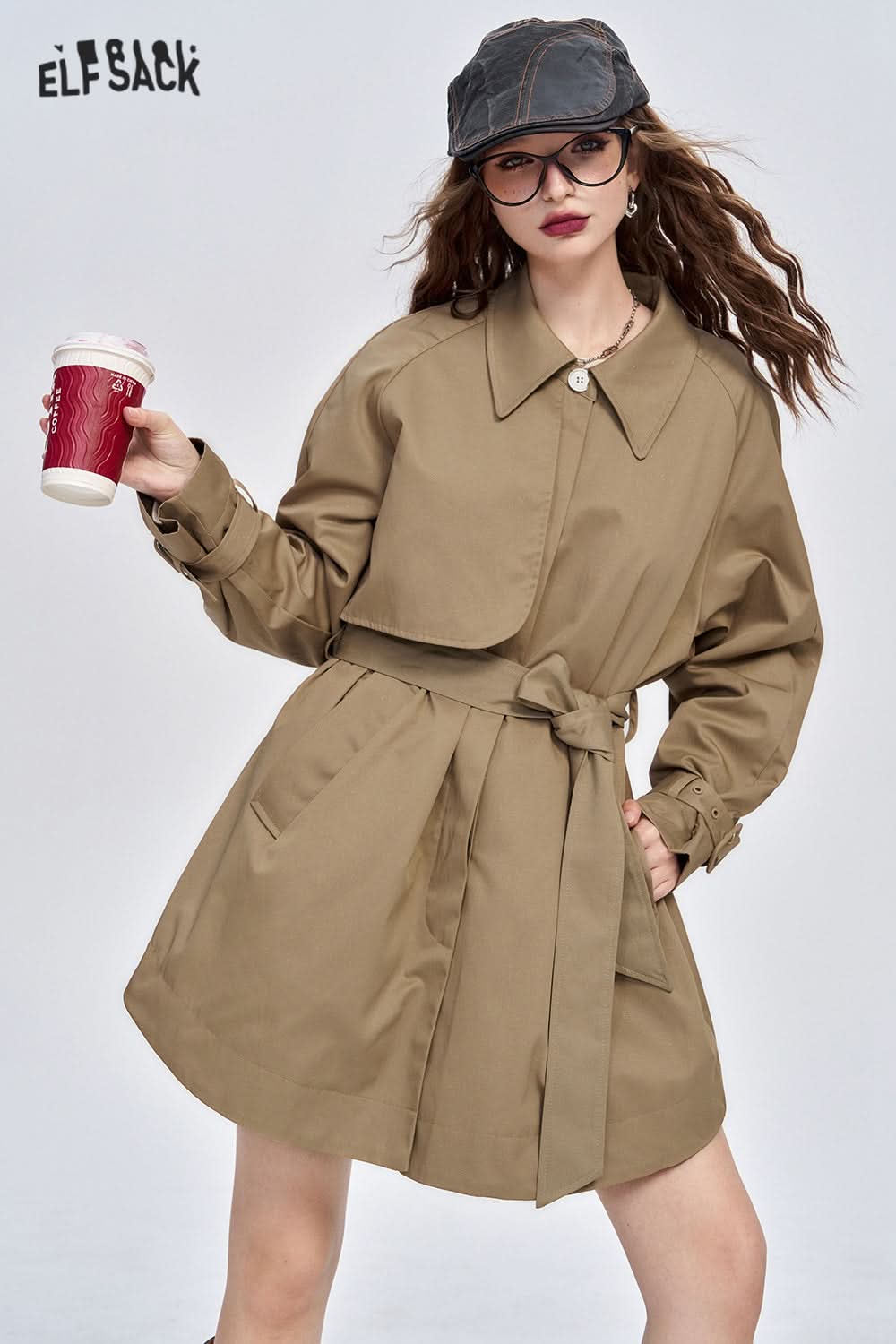 ELFSACK Retro simple raglan sleeves single-breasted khaki fine glitter mid-length trench coat