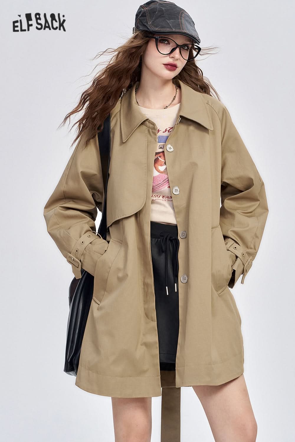 ELFSACK Retro simple raglan sleeves single-breasted khaki fine glitter mid-length trench coat