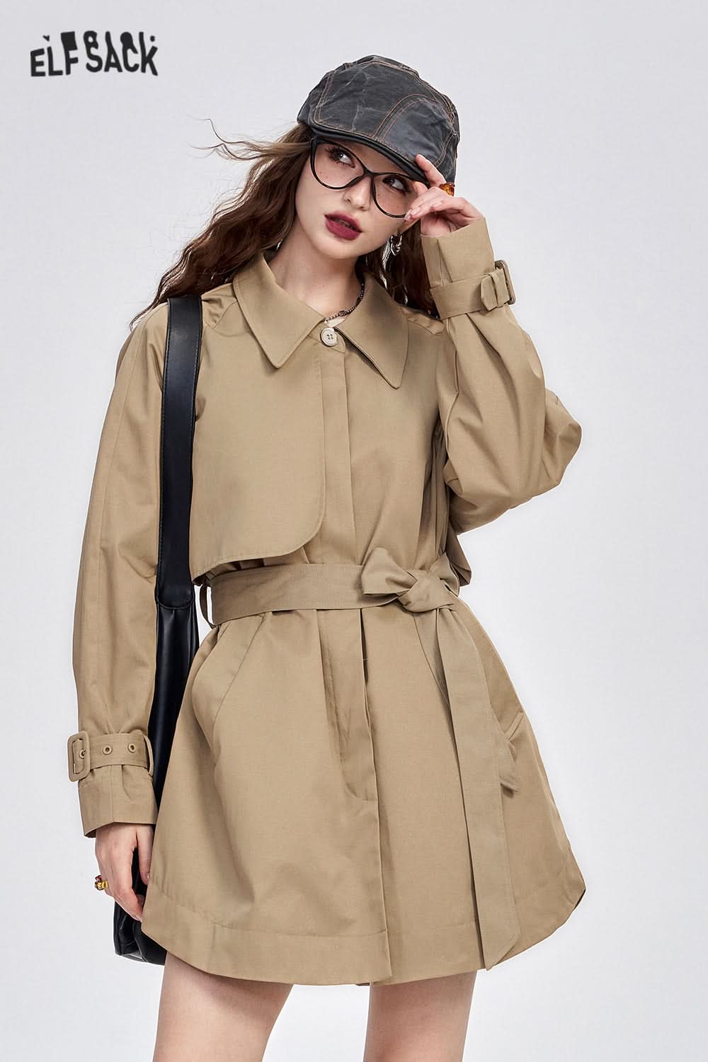 ELFSACK Retro simple raglan sleeves single-breasted khaki fine glitter mid-length trench coat