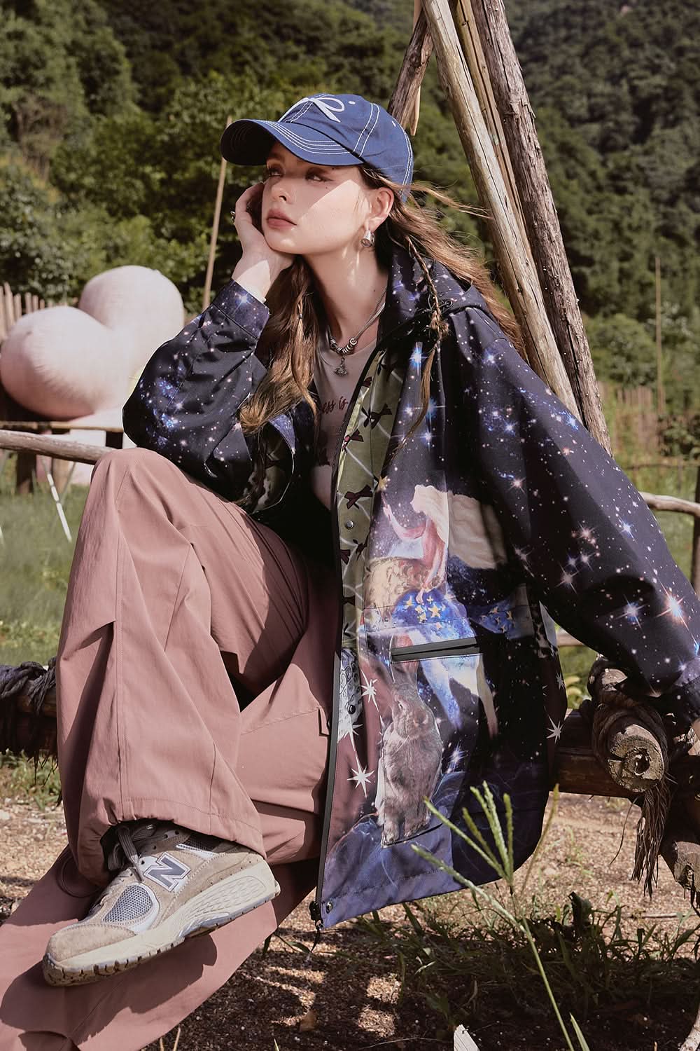 ELFSACK Colorful loose-fitting cartoon anime full-print three-proof drawstring outdoor workwear jacket