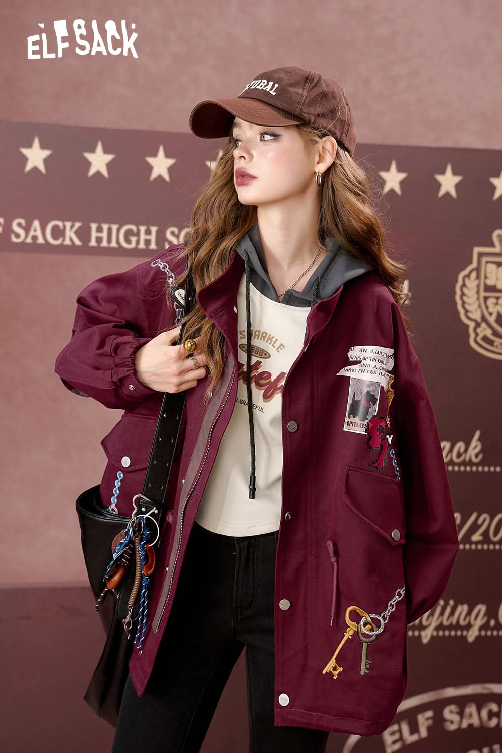 ELFSACK American retro printed trench coat, work jacket