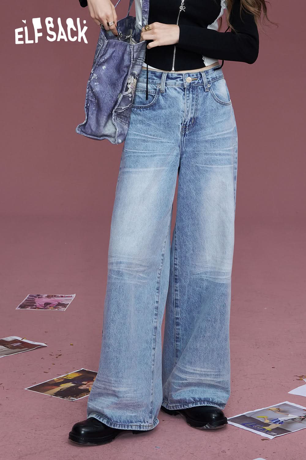 ELFSACK Light blue washed wide-leg lazy loose pocket straight jeans