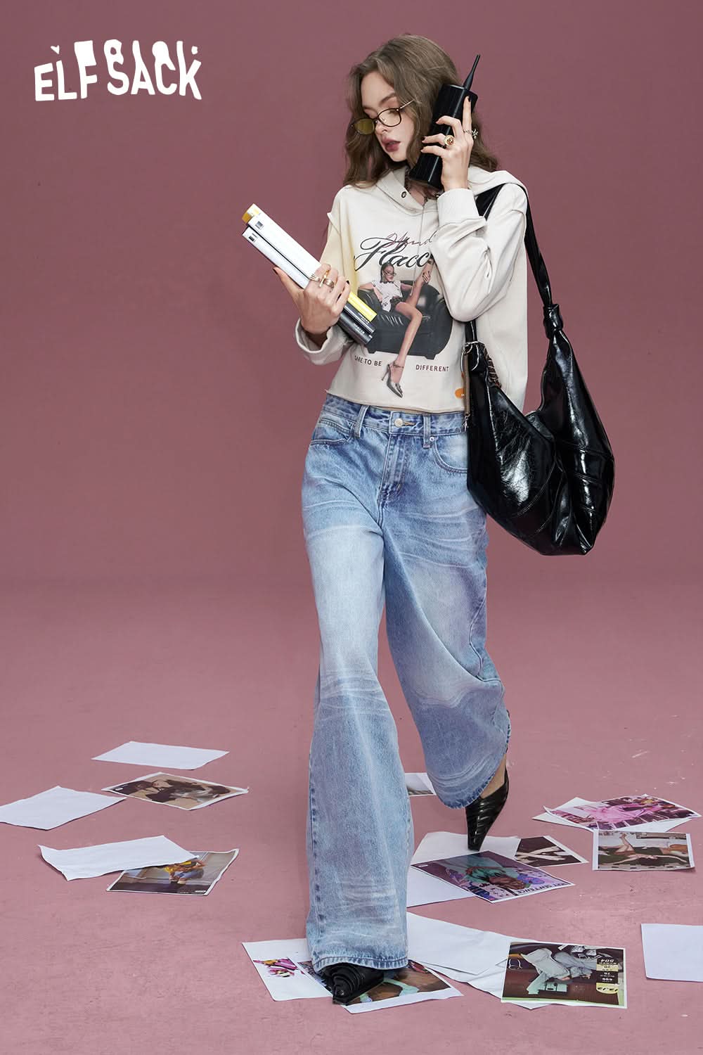 ELFSACK Light blue washed wide-leg lazy loose pocket straight jeans