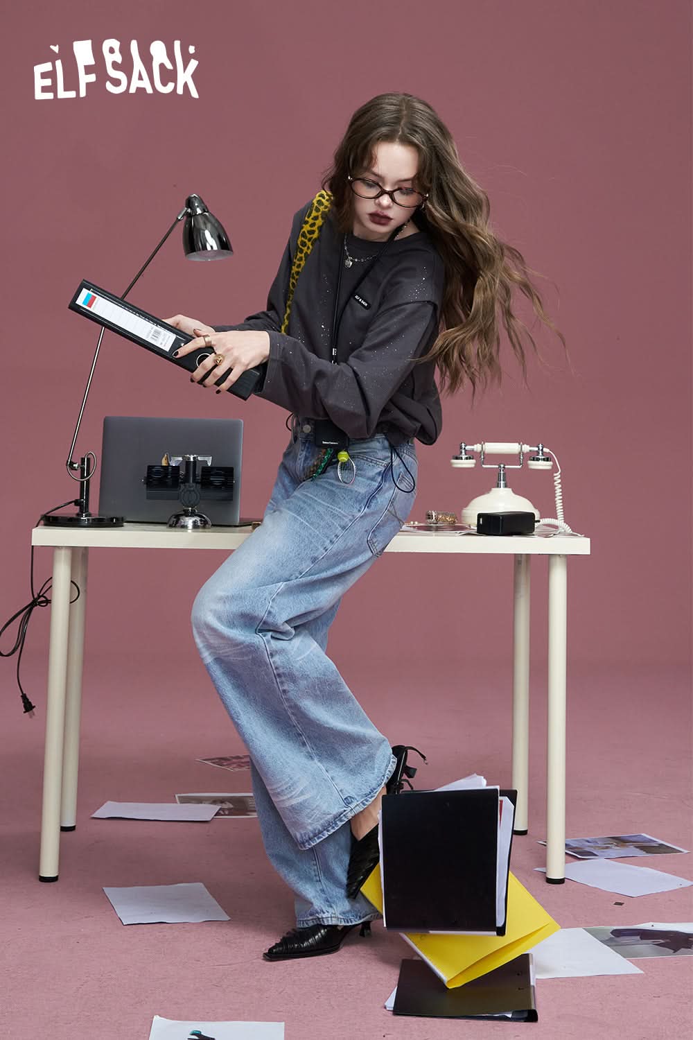 ELFSACK Light blue washed wide-leg lazy loose pocket straight jeans