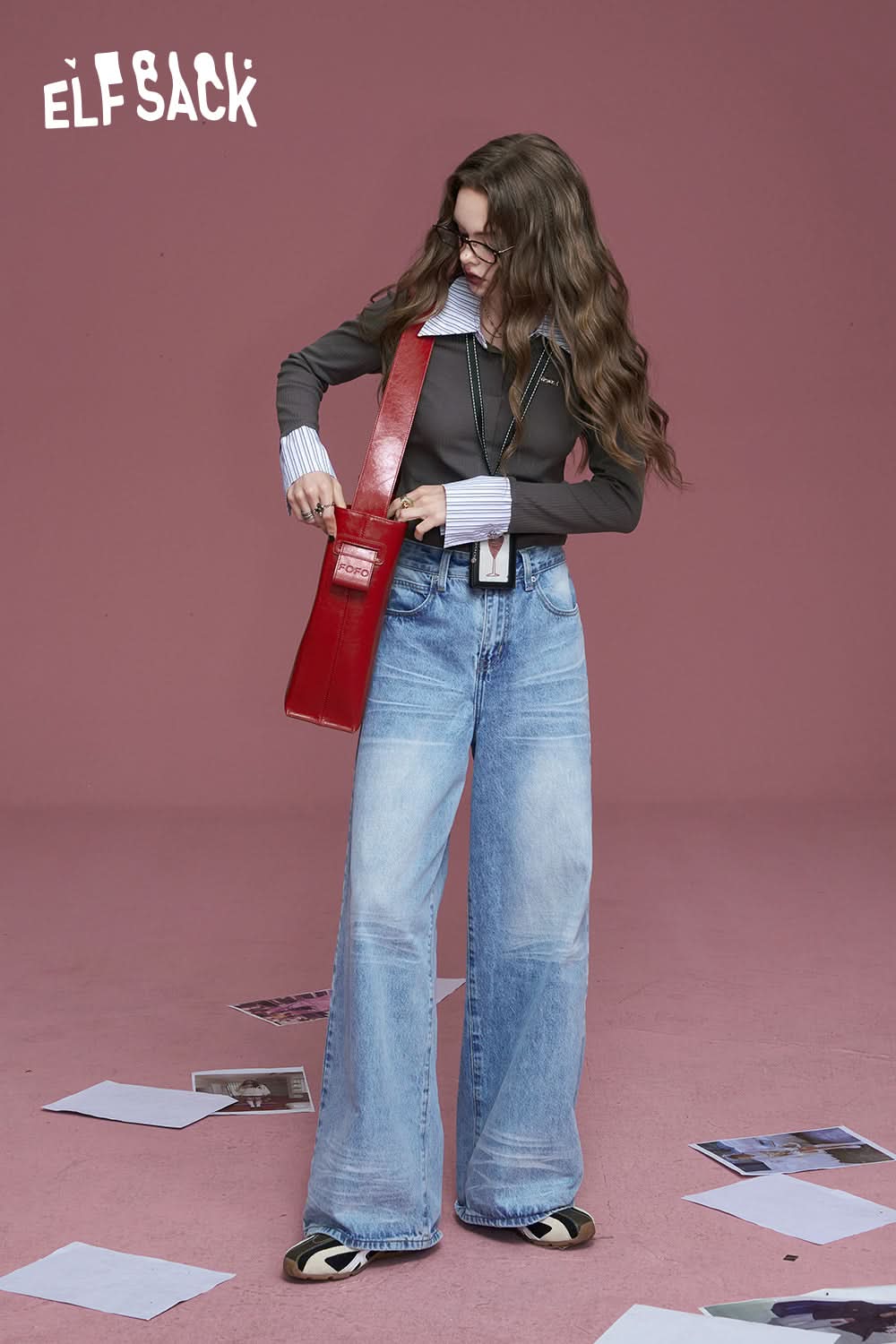 ELFSACK Light blue washed wide-leg lazy loose pocket straight jeans