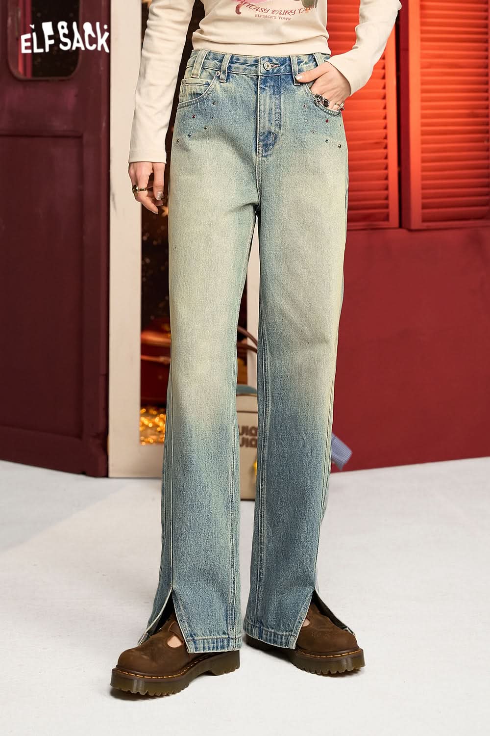 ELFSACK Washed blue retro casual all-match color diamond split straight jeans