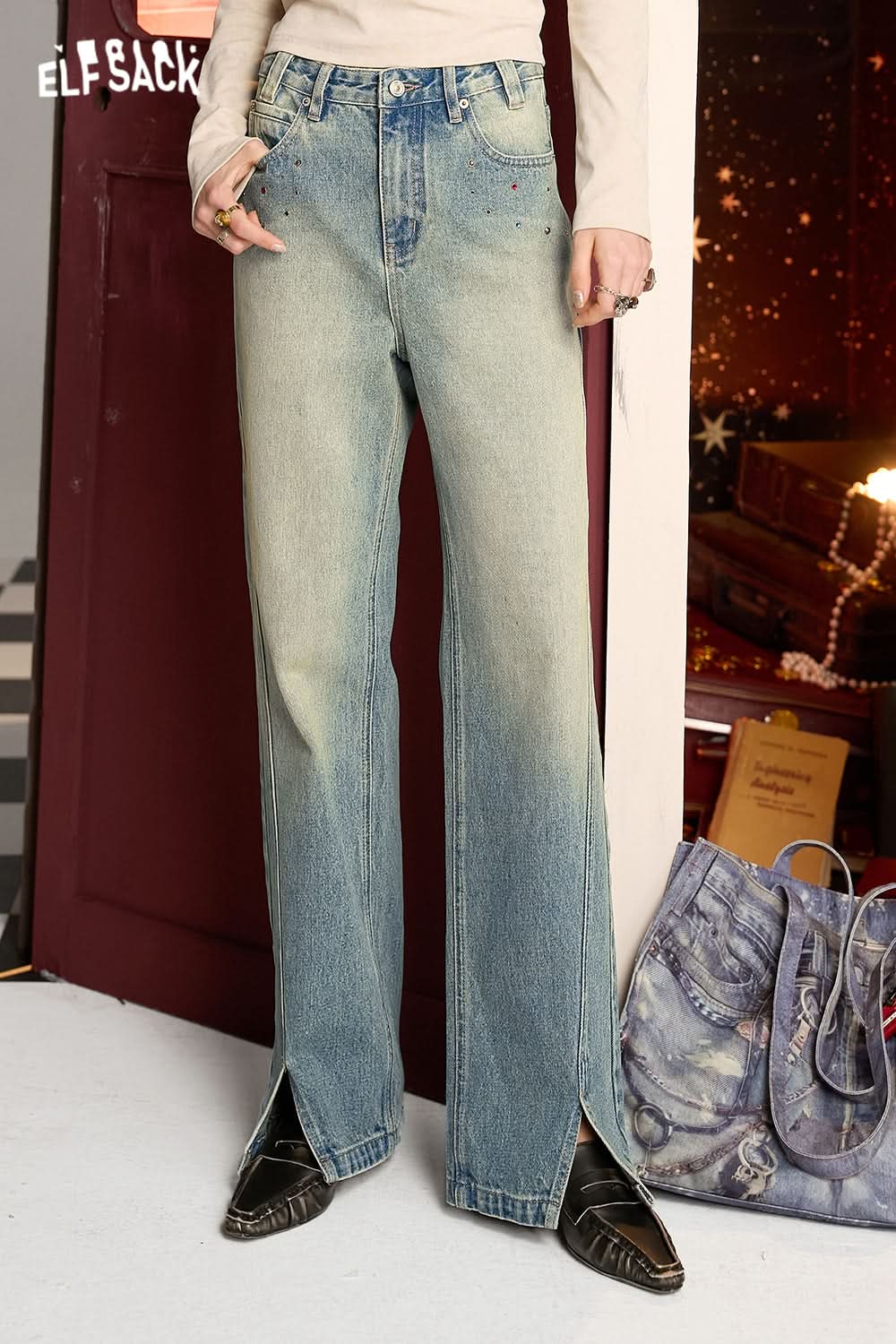 ELFSACK Washed blue retro casual all-match color diamond split straight jeans