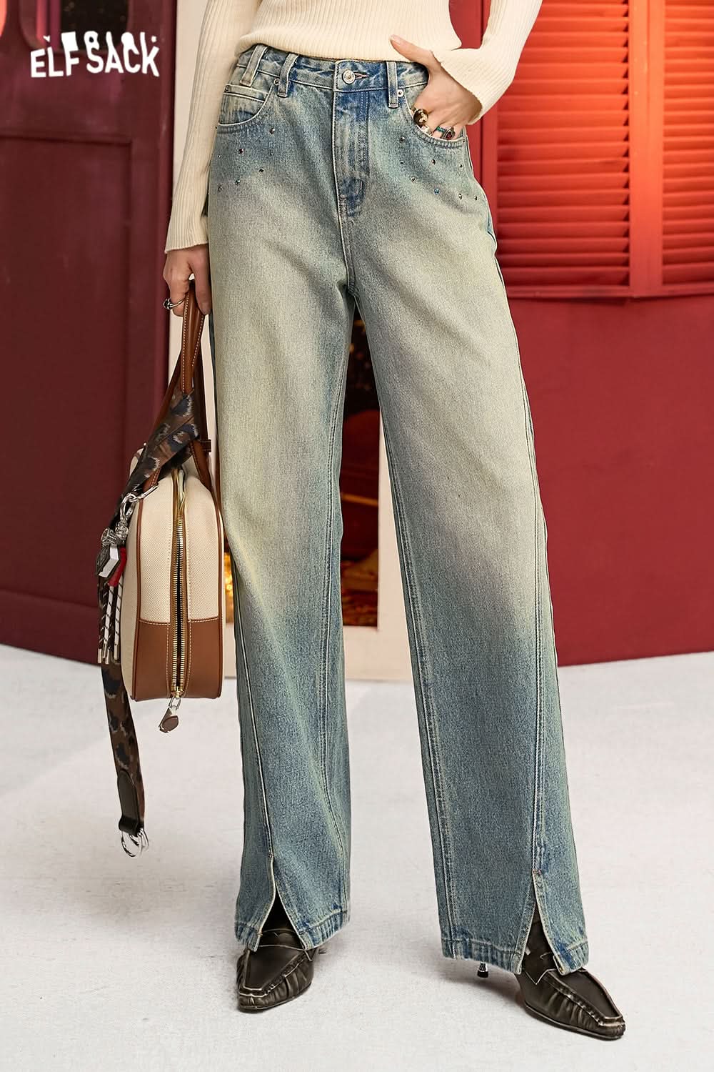 ELFSACK Washed blue retro casual all-match color diamond split straight jeans