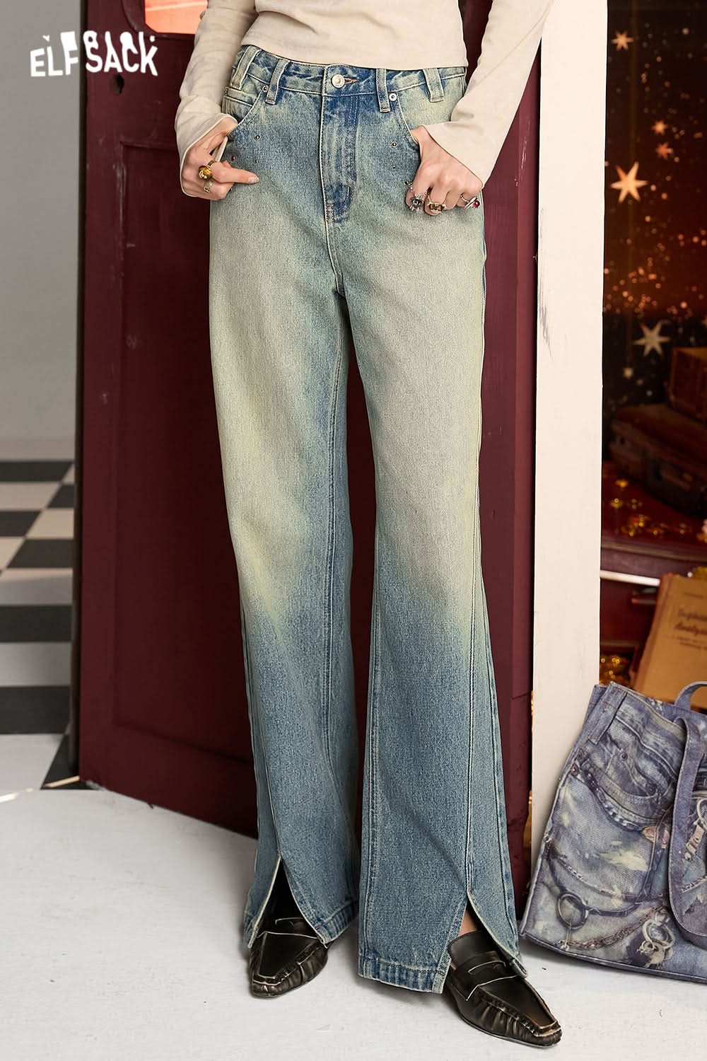 ELFSACK Washed blue retro casual all-match color diamond split straight jeans